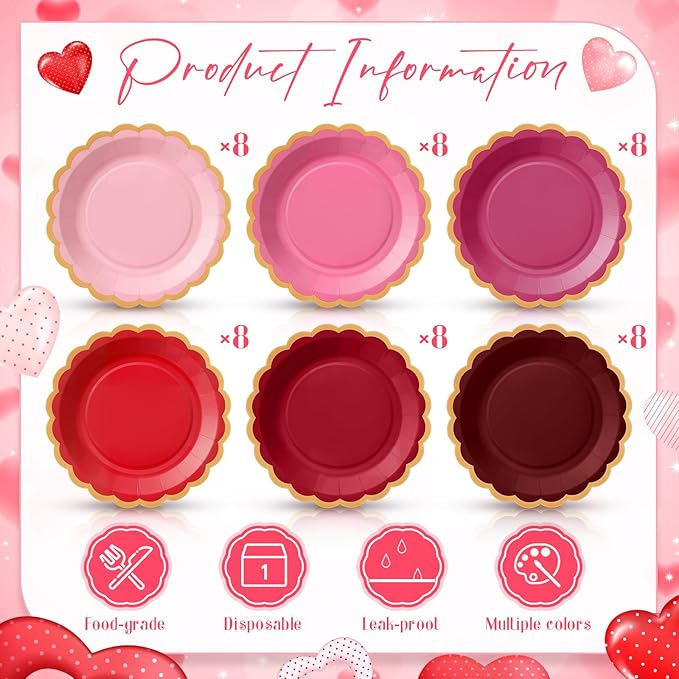 48 Pcs Valentine's Day Paper Plates 9 Inch Gradient Red Pink Scalloped Paper Plates Disposable Dinner Dessert for Valentine Anniversary Birthday Wedding Party Supplies, 6 Colors