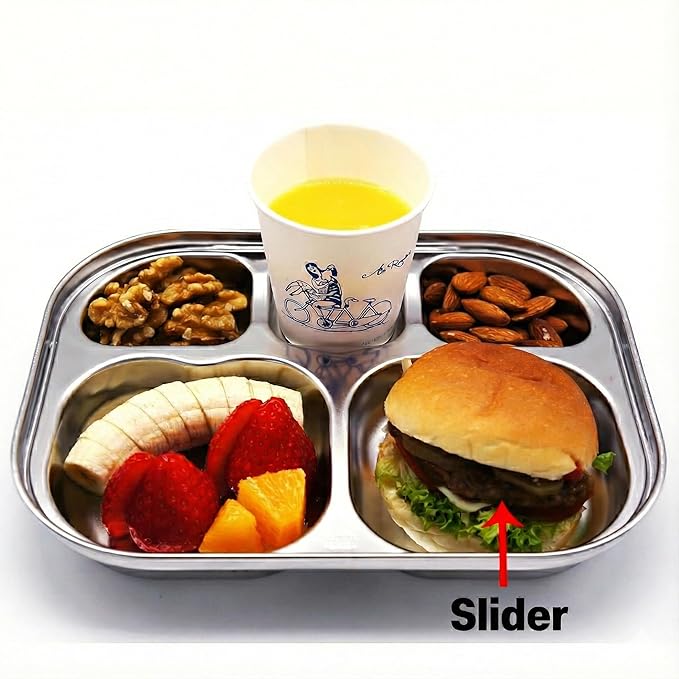 Korean Stainless Steel Divided Plates for Toddlers, Kids, Babies, Premium 304, Electro-Polished, No Black Residue, BPA-Free, 5-Compartment Food Tray, Camping, Picky Eaters, Set of 2