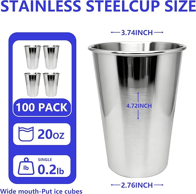 20PCS 20-OZ Tainless Steel Cups,Metal Cups, Stainless Steel Pint CupsStackable Unbreakable Drinking Glasses for Party, BBQ Camping, (100)