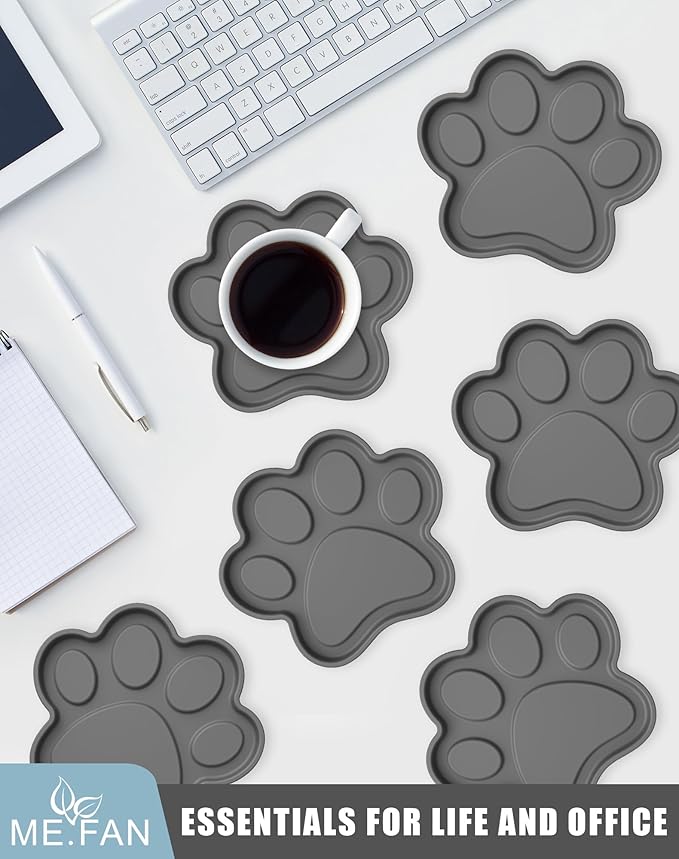 ME.FAN Silicone Coasters 6 Pack Paw Cup Mat with Holder, Dog Cat Paw Shape, for Hot or Cold Drink, Non-Slip, Non-Stick, Room Decor, Housewarming Deep Grey
