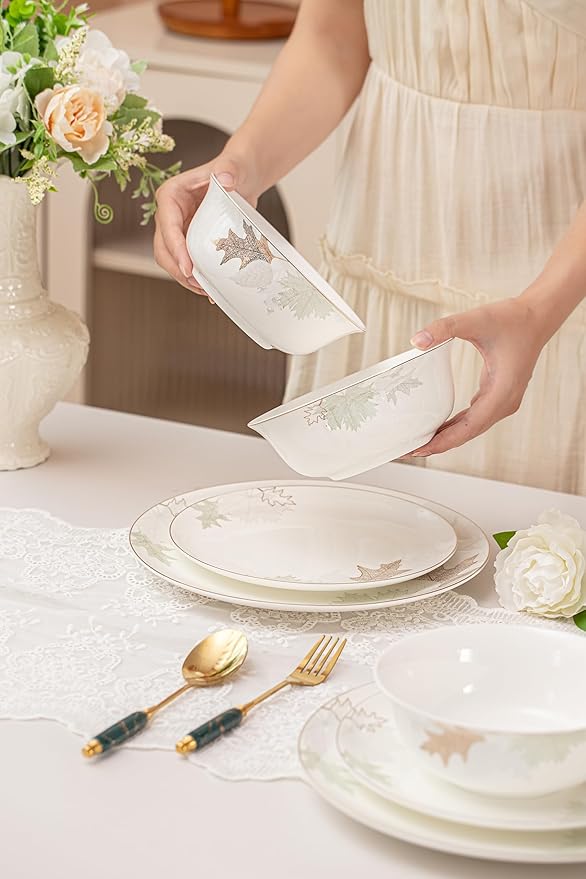 Artistic Bone China Dinnerware Set with Gold Trim, Crafted with Traditional Chinese Artistry, Glazed Inner Patterns, Service for 4 – Maple Leaf Collection