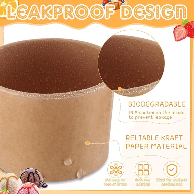 Honeydak 50 Pieces Ice Cream Soup Cups Paper Disposable Sundae Bowls Kraft Paper Hot Cold Snack Yogurt Dessert Small Cups for Ice Cream Baby Shower Party Supplies, Brown Disposable Bowls(8 Oz)