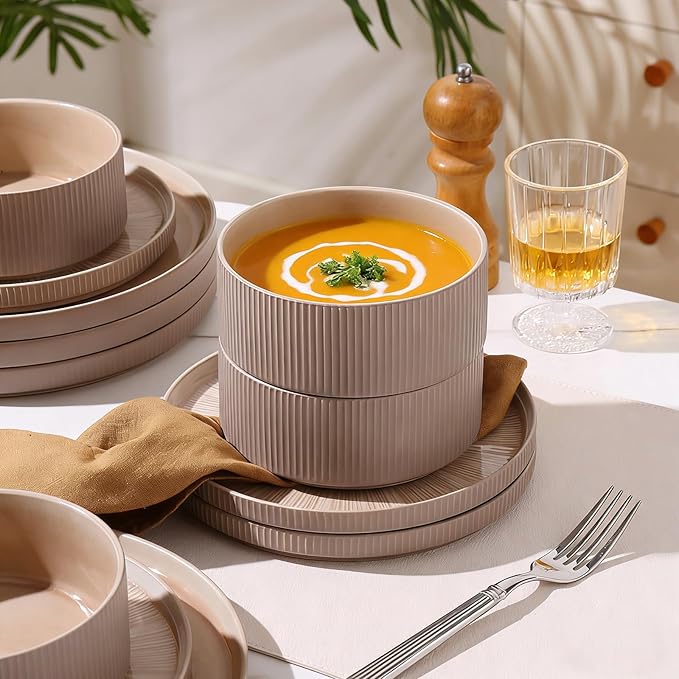 Dinnerware Sets for 4, Ceramic Plates and Bowls Set 12 Piece Dinnerware Chip Resistant Stoneware, Dishwasher and Microwave Safe-Brown