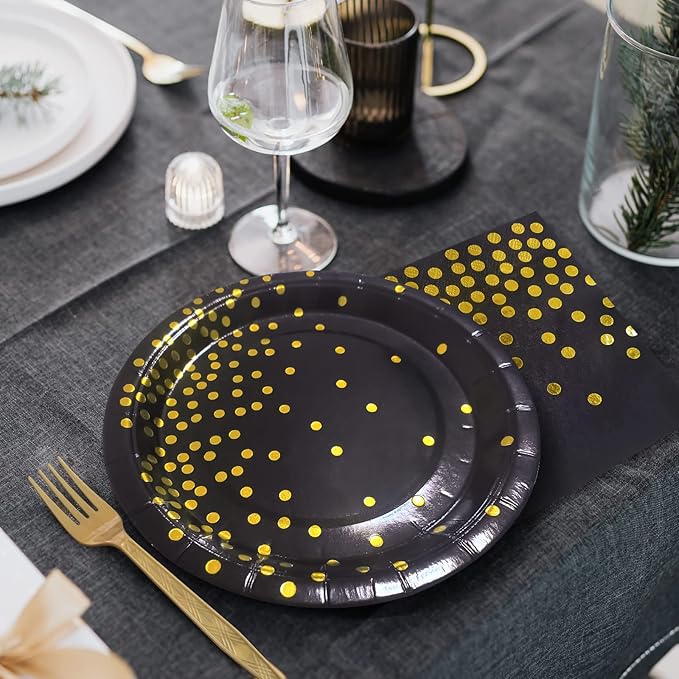 Serves 35 Guests Black and Gold Plates and Napkins Party Supplies,7" Black Paper Plates and Napkins,Disposable Party Dinnerware for Birthday Wedding,Graduation