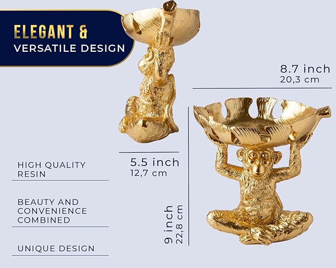 Comfify Adorable Monkey Decorative Bowl – Detailed Resin Sculpture w/Split Leaf Dish for Snacks, Nuts, Candies & More – Modern Decor Golden Finish for Keys or Jewelry