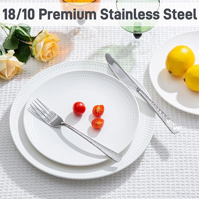 KINGSTONE Hammered Silverware Set, 20-Piece Flatware Set, 18/10 Stainless Steel Premium Cutlery with Unique Ripple Handles Design Mirror Polished - Dishwasher Safe