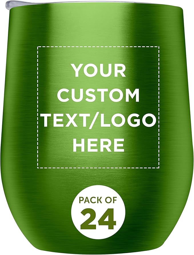 Custom Stemless Wine Glass Tumblers with Lids by Largo 11 oz. Set of 24, Personalized Bulk Pack - Perfect for Wine, Cocktails, Other Hot & Cold Beverages - Lime Green