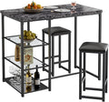 VECELO Small Bar Table and Chairs Set for 2, Upholstered Stools & Glass Storage Shelves, for Kitchen Dining Breakfast Nook, Space-Saving, Faux Marbled & Black
