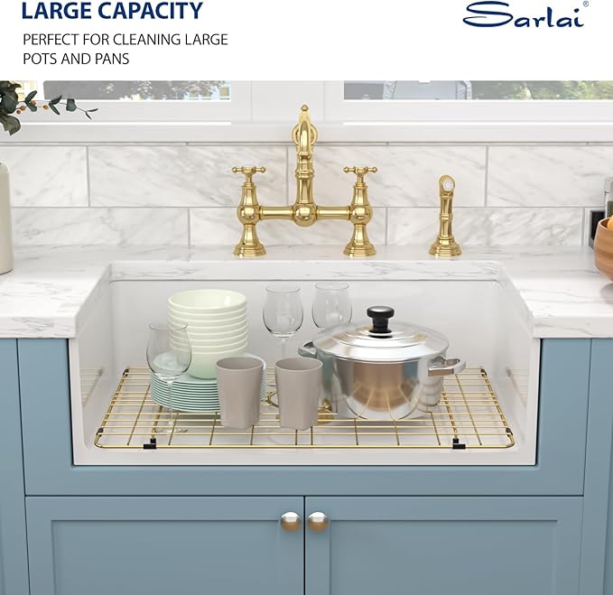 Sarlai 33 White Farmhouse Kitchen Sink - 33x20 Inch Undermount Kitchen Sink Workstation Apron Front Ceramic Fireclay Single Bowl Farmer Sinks Basin With Gold Accessories