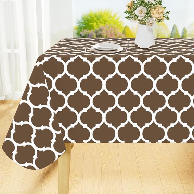 Smiry Rectangle Table Cloth, Waterproof Vinyl Tablecloth with Flannel Backing for Rectangle Tables, Wipeable Spillproof Plastic Tablecloths for Dining, Camping, Indoor and Outdoor (52"x70", Brown)