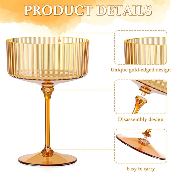 12 PCS Ribbed Coupe Glasses Amber Plastic Champagne Coupe Cup 10oz Detachable Gold Rim Espresso Martini Glass Vintage Margarita Glassware Cocktail Glass Disposable for Thanksgiving Wedding