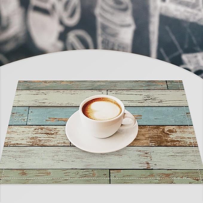Rustic Plank Placemat Set, Vintage Old Shabby Colorful Beige Green Blue Farmhouse Barn Wooden Board Pattern Home Decor Linen Table Mats for Dining Room Kitchen Party (17x12in) x6P