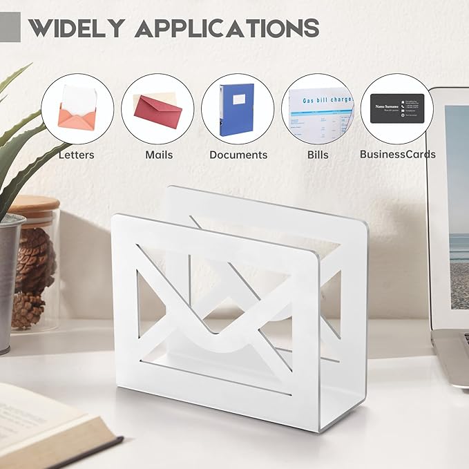 Desktop Metal Mail Holder,Modern Black Letter Organizer for Desk with Cutout Envelope Design,Home and Office Envelope and Document Storage Rack (White)