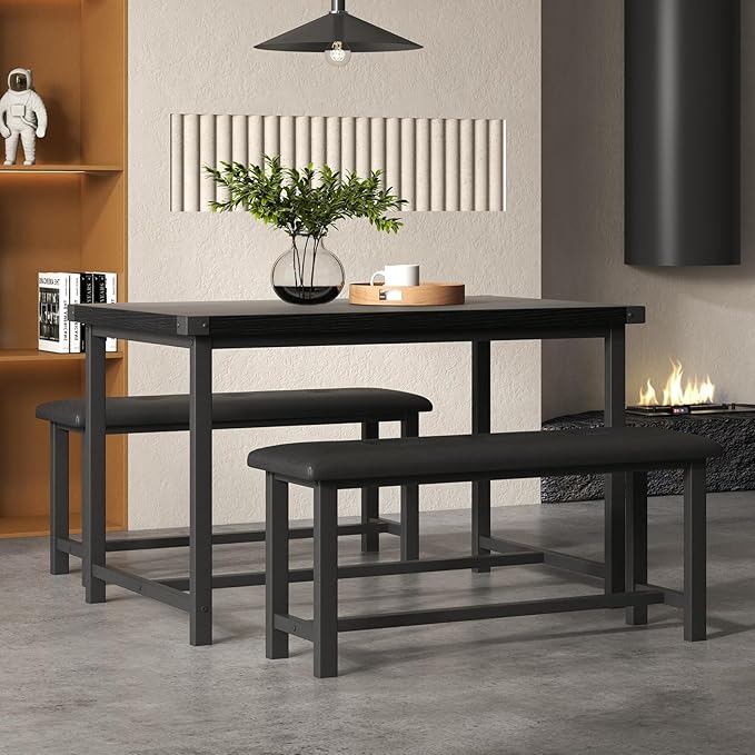 Garvee Dining Table with 2 Benches, Kitchen Table with 2 Upholstered Benches, 3 Piece Dining Table Set Space Saving for Apartment, Kitchen, 44.48" l x 27.58" w x 29.58" h, Black