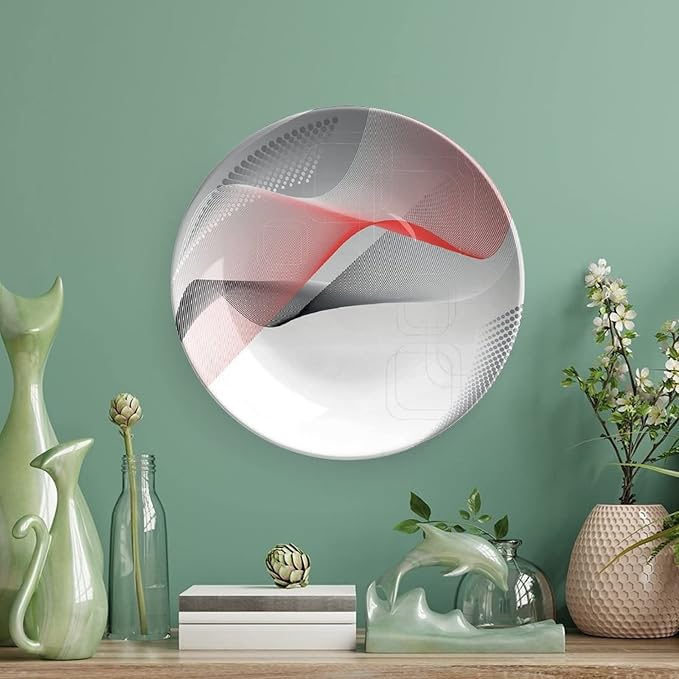 Decorative Plates, Abstract Print Ornament, Modern Geometric Squares Dots Curves Waves, 10 Inch, 1 Plate with 1 Display Stand, Red Grey Black
