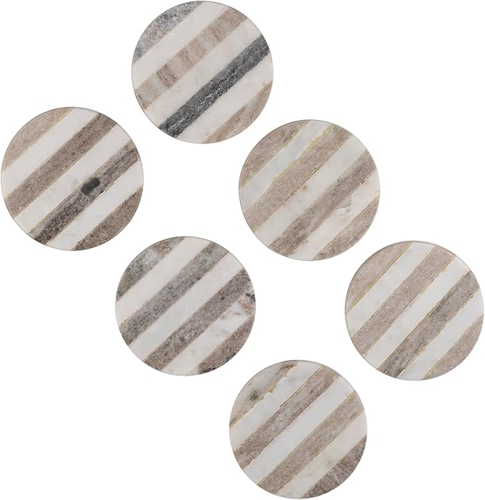 GoCraft Handcrafted Marble Round Coasters with Striped Inlay - Set of 6 White & Grey Marble Coasters for Wine Glasses, Drinks & Beverages, Stylish Barware & Home Decor for Dining & Entertaining