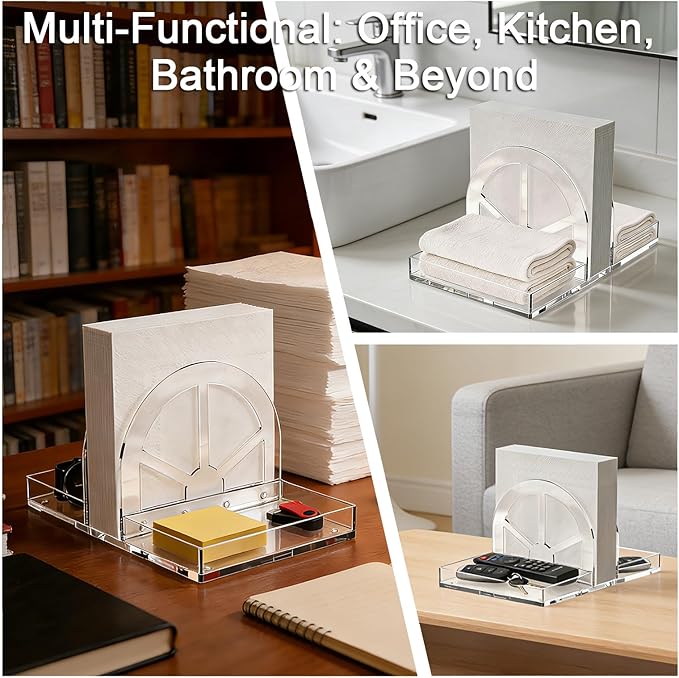 YAGELI Acrylic Napkin Holder with Storage, Clear Modern Napkin Dispenser with Magnetic Installation for Kitchen, Dining Table, Restaurant, Bar, Office & Party （Two Tray）