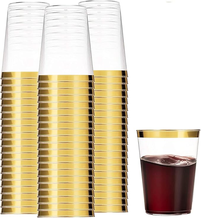 Munfix Gold Plastic Cups - 16 Oz Clear Tumblers with Gold Rim - Elegant Disposable Wedding & Party Cups