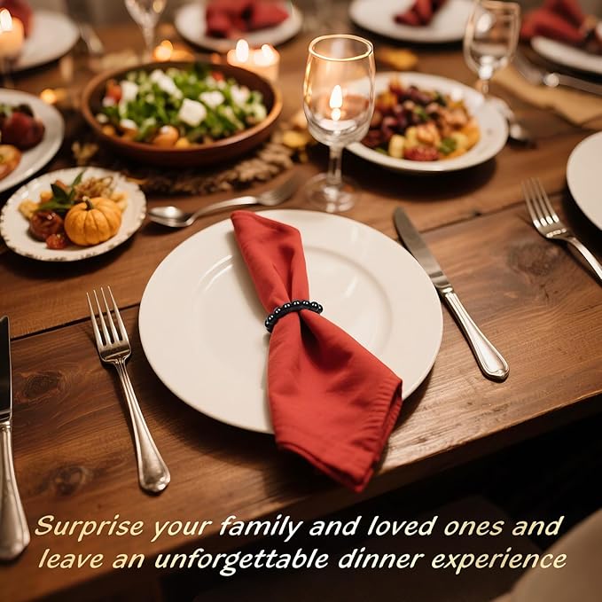 Napkin Rings Set of 12，Farmhouse Stretchable Wooden Bead Reusable Cloth Napkin Holders for Wedding, Christmas, Graduation & Dinner Parties Black Napkin Ring (12)