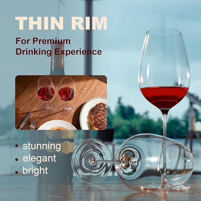 Red Wine Glasses Set of 4, 22oz, Hand Blown Premium Crystal Wine Glasses, red Stem,Thin Rim, Perfect for Red or White, Daily Use,Unique Wedding Anniversary or Birthday Gift