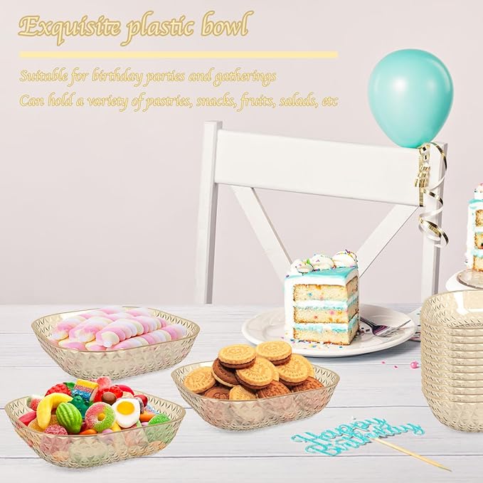 Clear Plastic Bowls, 24 Pack 22 Oz Plastic Serving Bowl Salad Serving Bowl Fruit Salad Bowl For Party Wedding Birthday Snack Fruit (Gold)