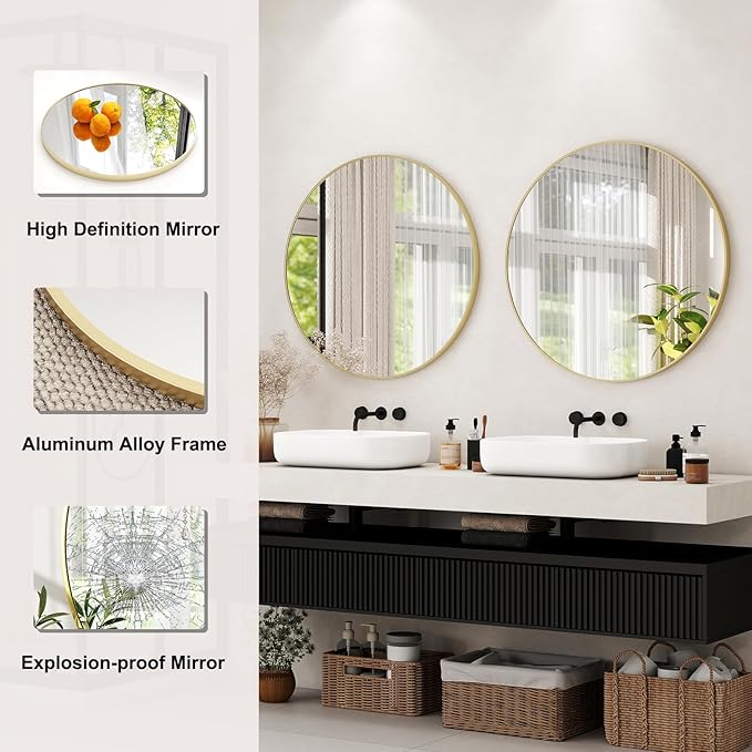 36 Inch Round Bathroom Mirror - Gold Wall Mounted Circle Mirror with Metal Frame, Modern Round Hanging Mirror Suitable for Bathroom, Vanity, Entryway, Living Room