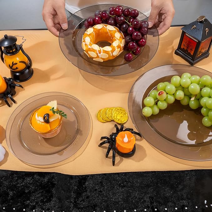 I00000 102 Pcs Clear Black Plastic Plates, Black Disposable Party Halloween Plates Include 51 Dinner Plate 10’’ and 51 Dessert Plate 7’’ Perfect for Wedding, Party & Halloween