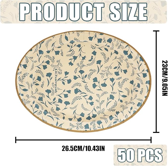 Oval Disposable Paper Plates 50 Count, Heavy Duty Disposable Plates Dinner Plate Microwavable Plates For Everyday Breakfast, Lunch & Dinner Meals (Floral Pattern)