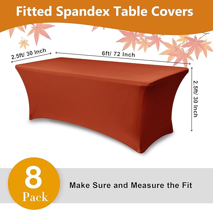 Table Cover for 6 Foot Rectangle Tables-8 Pack Rust Fitted Stretch Fall Tablecloth-Spandex 6ft Thanksgiving Tablecloths for Party, Vendor Booth Display, Banquet Event, Craft Trade Show