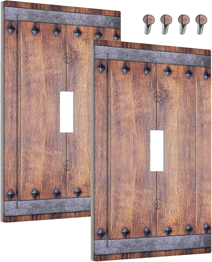 Decorative Light Switch Cover Rustic Farmhouse Barn Door Vintage Wood 1 Gang Wall Plate Cover Single Toggle Outlet Covers Switchplate Electrical Faceplate for Bathroom Cabin Decor（2 Pack）