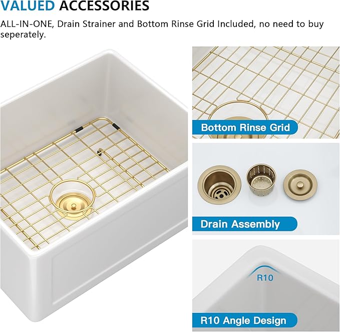 24"x18" White Farmhouse Sink – Reversible Apron Front, High-Gloss Porcelain Ceramic Fireclay Single Bowl Small Kitchen & Bar Farm Sink Basin
