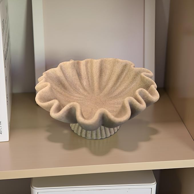 10" Large Handmade Decorative Bowl decor , Handicraft Scalloped Bowls for Modern Home Decor,Ruffle Decor,Key Bowl for Entry Table,Decorative Fruit Bowl for Kitchen Counter,Artificial Stone Beige