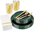 YOUBET 175PCS Green Plastic Plates - Green and Gold Disposable Plates Include 50 Plate, 75 Silverware, 25 Cups, 25 Napkins for Wedding & Party