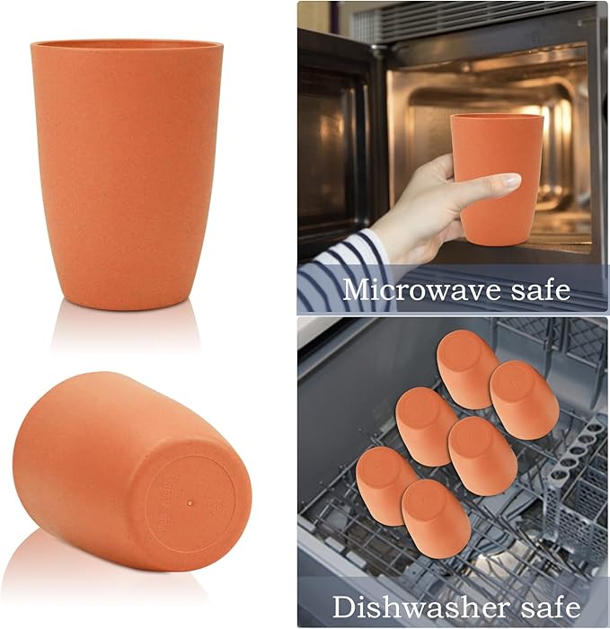 Wheat Straw Cups 6 PCS Good Alternative to Plastic Reusable Cups 12 oz Unbreakable Drinking Cup Reusable Dishwasher Safe Water Plastic Glasses Orange