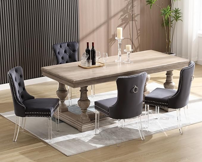 KCC Velvet Dining Chairs Set of 4, Upholstered Tufted Wingback Dining Room Chair with Nailhead Back Ring Pull Trim Solid Acrylic Legs, Contemporary Nikki Collection Style for Kitchen, Grey