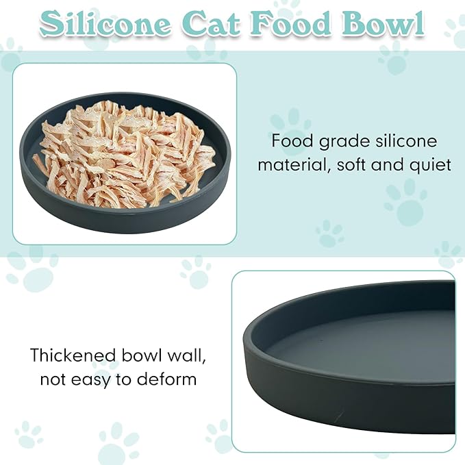 Silicone Cat Food Bowls Shallow Cat Dishes 5.9in Wide Pet Plates Set of 2 Small Flat Dog Saucer Bowl Cute Whisker Fatigue Kitten Feeding Dish for Dry & Wet Food (Round Dark Grey)