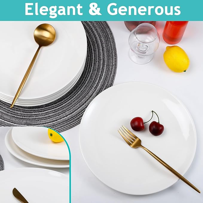 Dinner Plates Set of 6, 10 Inch White Ceramic Dinner Plates, Round Porcelain Appetizer Plate for Kitchen Serving and Everyday Use, Microwave & Dishwasher Safe