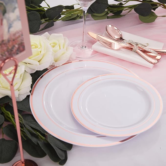 WDF 120 pieces Rose Gold Plates Disposable - Heavy Duty Rose Gold Plastic Plates Perfect for Valentines Day, Mother's Day, Wedding, Birthday