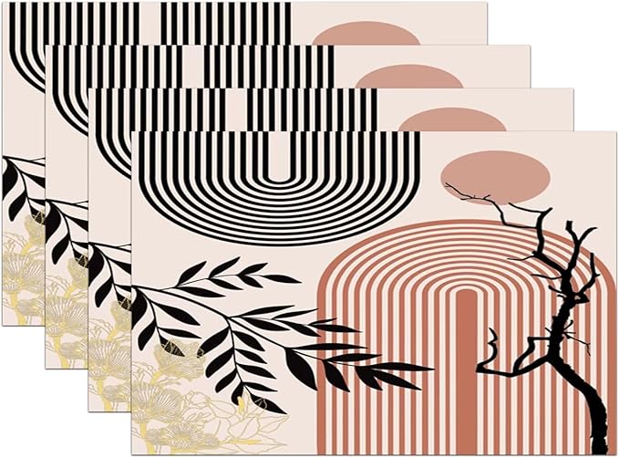 Abstract Mid Century Plant Placemats Boho Retro Tropical Palm Sun Arch Minimalist Modern Aesthetic Geometric Washable Place Mats 12x18Inch for Dining Kitchen Farmhouse Decor 6 PCS