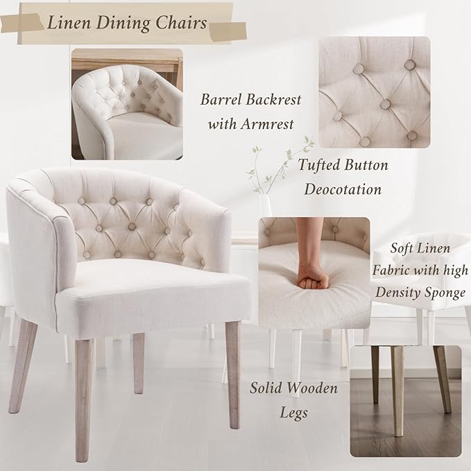 Mid-Century Dining Chairs Set of 6, Tufted Upholstered Linen Dining Room Chairs Comfy Side Chair Armchair Guest Chair with Wooden Legs for Dining Room Living Room, Beige