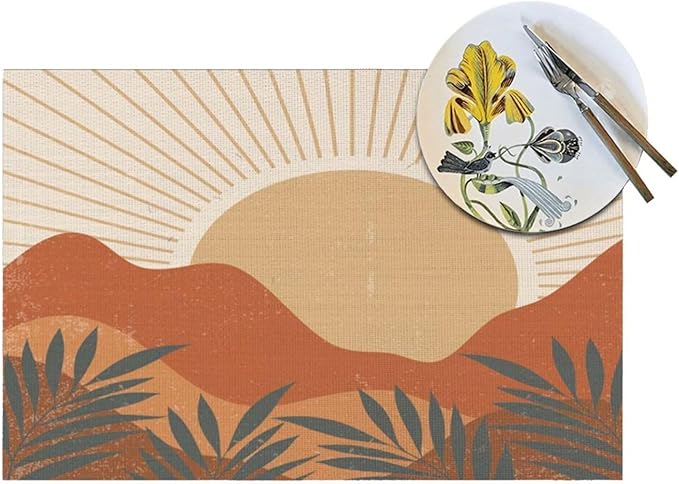 Mid Century Boho Sunset Placemats Vintage Farmhouse Abstract Plant Mountain Sunset Washable Place Mats 12x18Inch for Dining Kitchen Farmhouse Decor 4 PCS