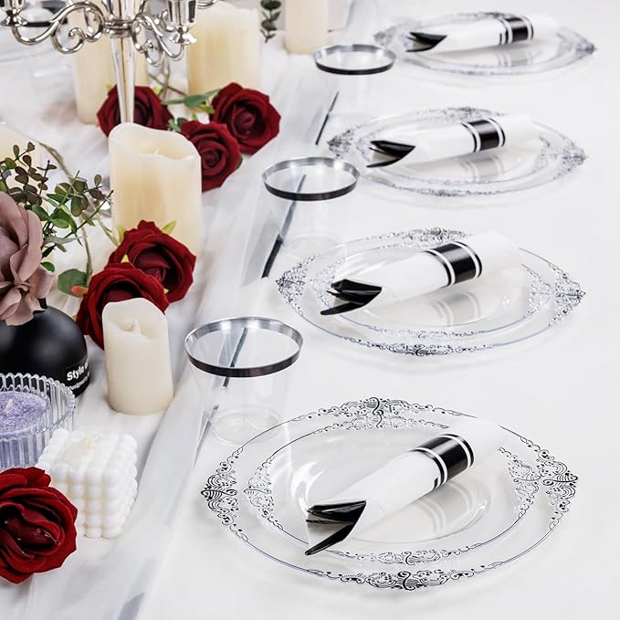 Hioasis 175pcs Clear and Black Plates - Black Party Plates for 25 Guest, Include 50 Heavy-duty Plates(20% Thicker Than Standard), 25 Pre Rolled Gold Plastic Silverware Set, 25 Cups