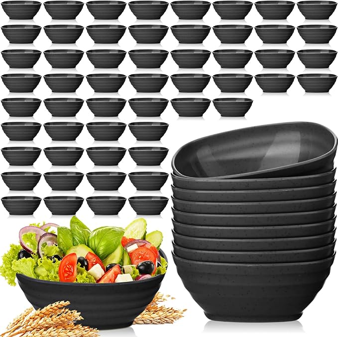 Gejoy 64 Pcs Unbreakable Cereal Reusable Wheat Straw Lightweight Bowls Microwave and Dishwasher Safe Soup Fiber Bowls for Kitchen Serving Salad Rice Snacks (Black)