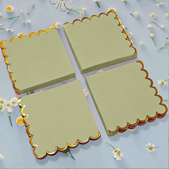 100 pack Sage Green Cocktail Napkins with Gold Foil Accents Scalloped Edges 5 x 5 inch Beverage Disposable Napkin Party Decoration Wedding Bridal and Baby Shower Dinner Lunch Supplies