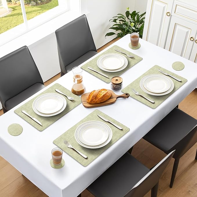 MOSAYT Faux Leather Placemats Set of 4, Heat Resistant Vinyl Place Mats with Coasters, Wipeable Washable Waterproof Oil Proof Table Mats for Kitchen Dining Indoor Outdoor, 12" x 17", Sage Green