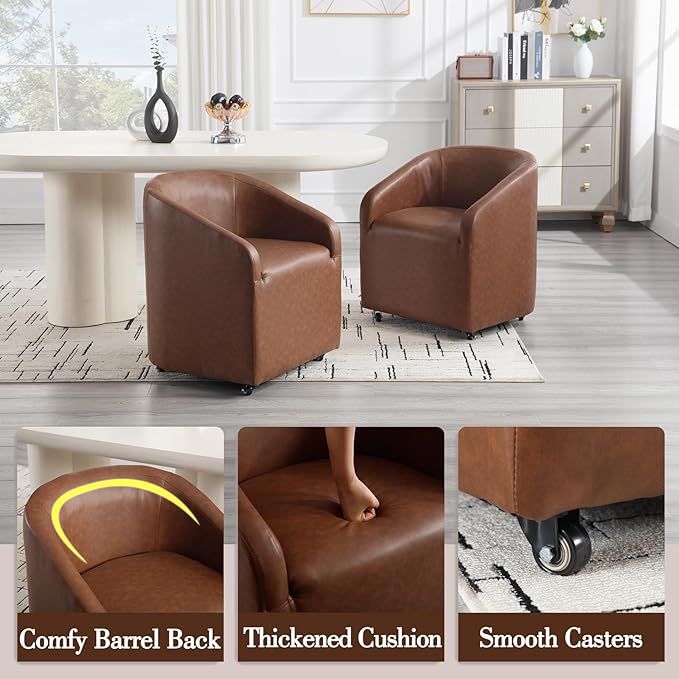 Modern Barrel Dining Chairs with Rolling Casters Set of 4, Upholstered PU Leather Swivel Dining Room Chairs with Wheels for Kitchen Living Room Home Office, Brown