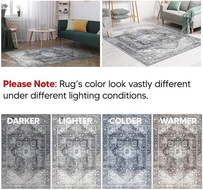 Keen Home Design 5x7 Rug - Machine Washable Area Rug with Non-Slip Backing, Ideal for Living Room, Dining Room, Bedroom - Vintage, Easy Clean, Durable, Low Pile - (5' x 7')