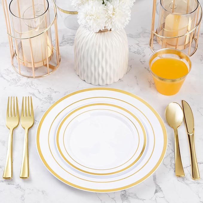 BESTVIP 300PCS Gold Plastic Plate Set (50 Guests), Plastic Plates for Party Wedding Birthday, Disposable Dinnerware Set of 100 Plates, 100 Forks, 50 Spoons, 50 Knives for Christmas