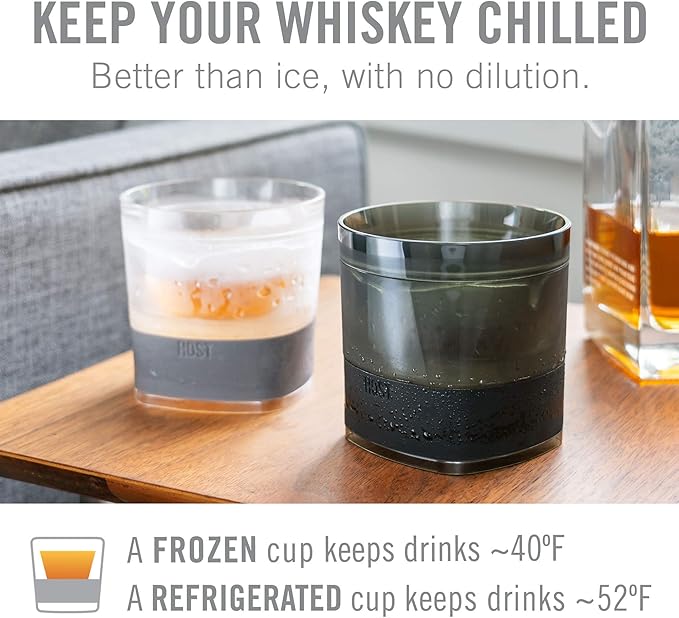Host Whiskey Freeze Glasses, Double Old Fashioned Glasses, Chill Without Dilution for Bourbon, Vodka, Cold Brew Cocktails, Bourbon Gifts for Men, Gifts for Dad, Home Bar, 9 oz, Set of 2, Smoke Black