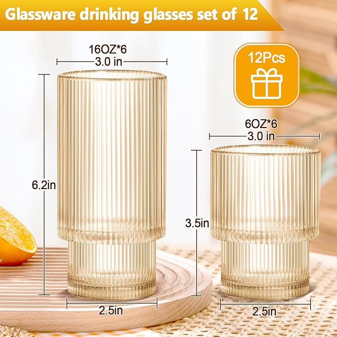 12 Pack Ribbed Drinking Glasses – Amber Glassware Set, 6 Highball 16Oz & 6 Rocks 6Oz Cups, Elegant Ribbed Glassware, Vintage Drinking Glasses For Water, Juice, Cocktails, Whiskey, Beer